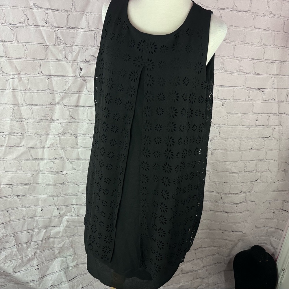 Neiman Marcus Black Eyelet layered shift Dress sz L sleeveless minimalist